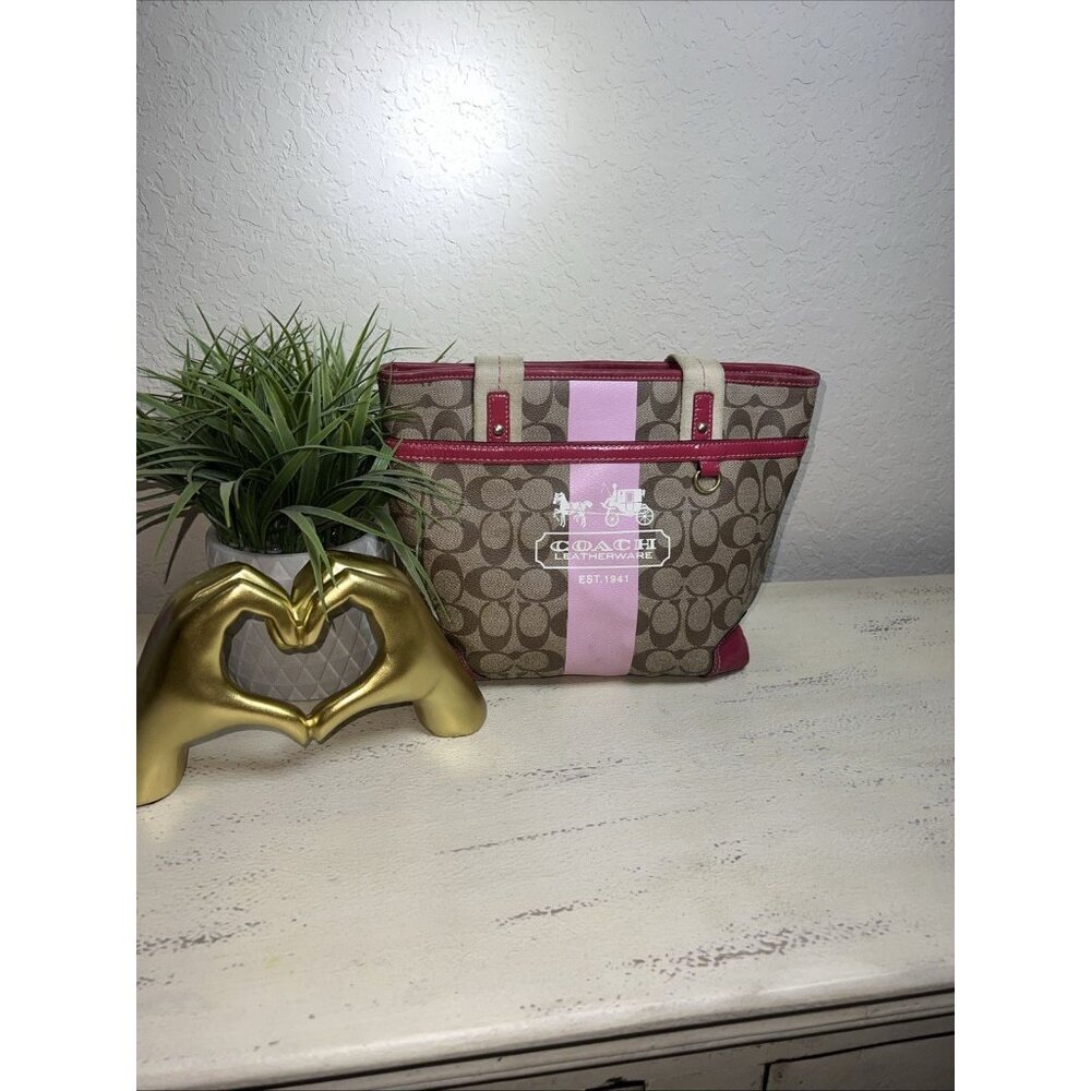 Coach Signature Coated Canvas w/Pink Heritage Stripe Handbag Purse K0773-11349